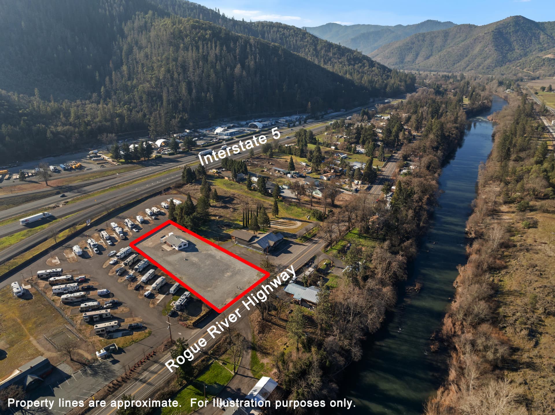 Aerial View of property. Photo 4 of 17, 175 Rogue River Highway, Gold Hill, OR 97525