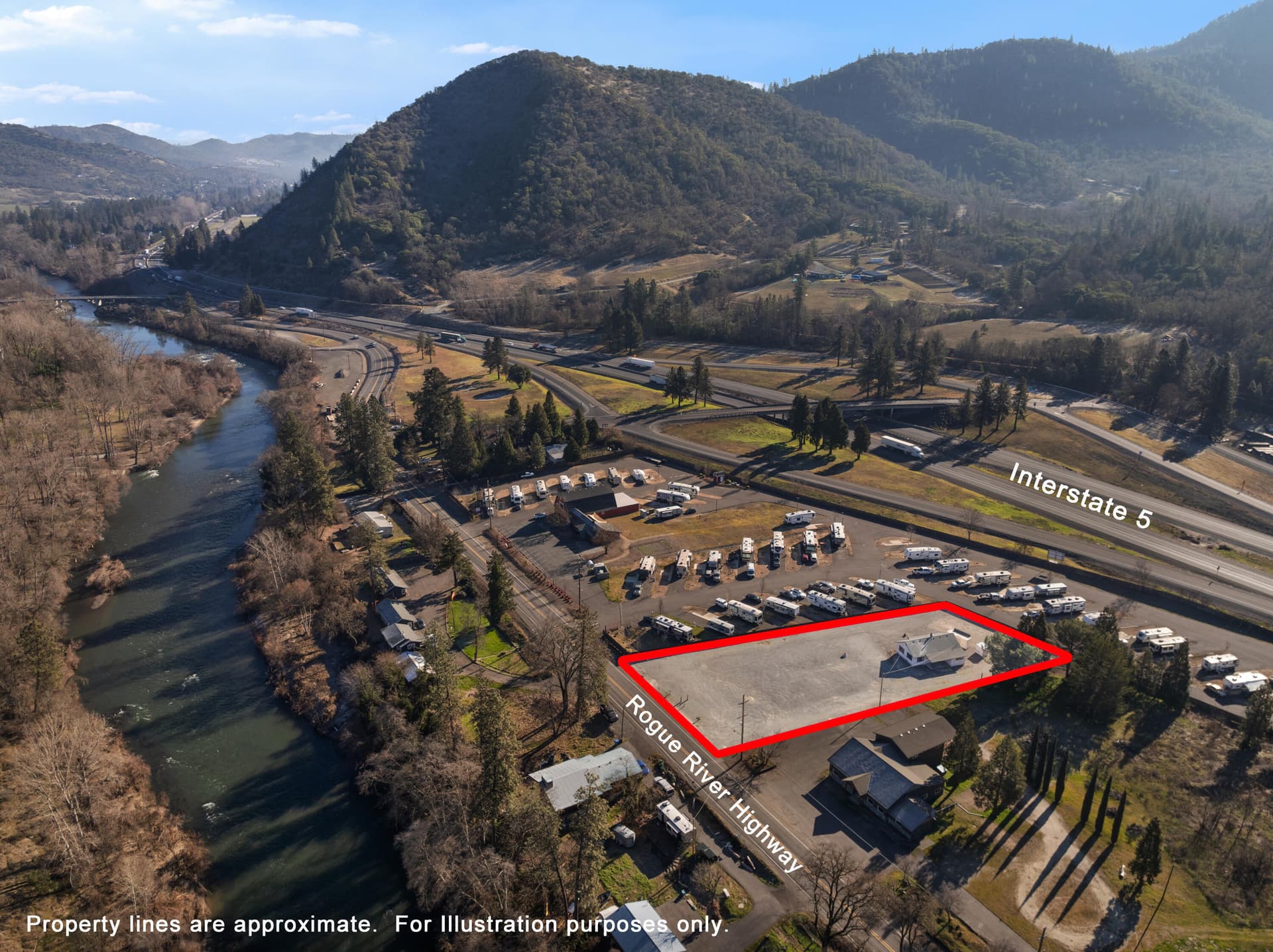 Aerial View of property. Photo 2 of 17, 175 Rogue River Highway, Gold Hill, OR 97525