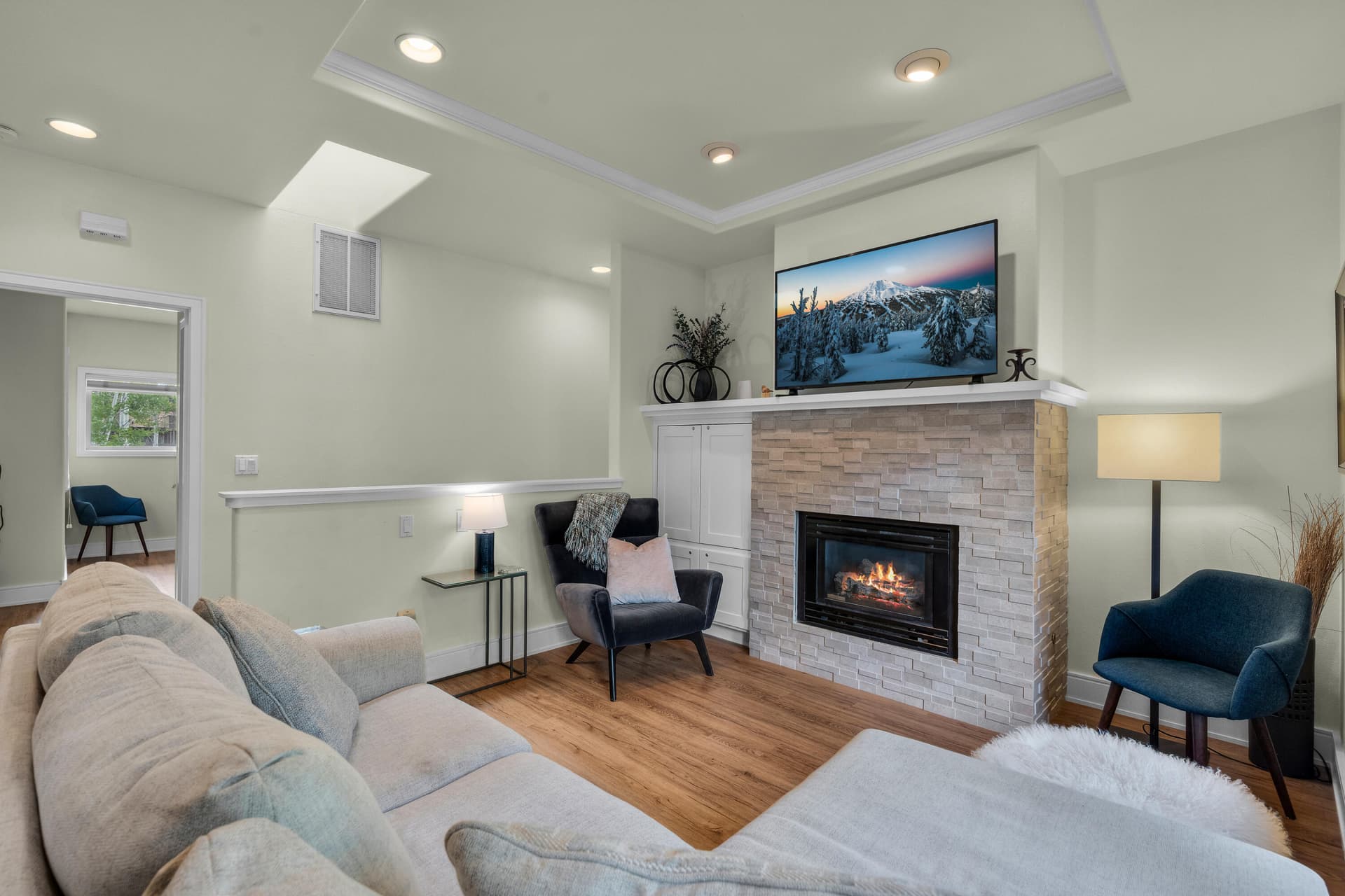 upper unit stone fireplace. Photo 2 of 40, 61875 Broken Top Drive Unit #23, Bend, OR 97702